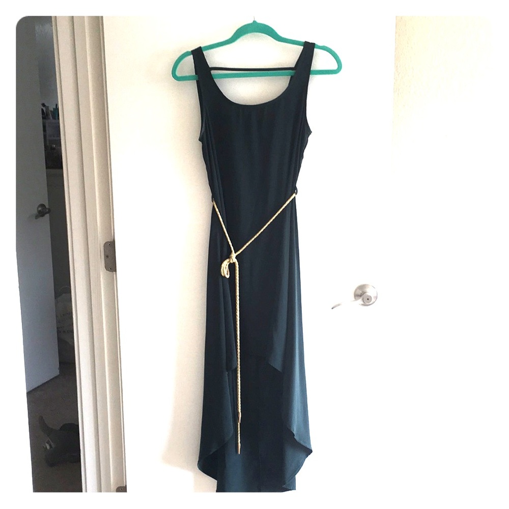 Hunter Green High Low Dress w/ Gold Rope Belt